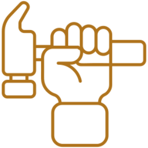 Hand holding hammer line drawing icon.