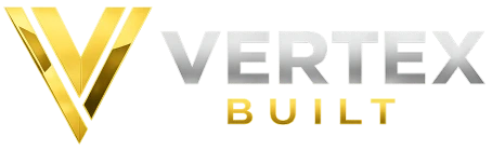 Gold and silver "Vertex Built" logo.