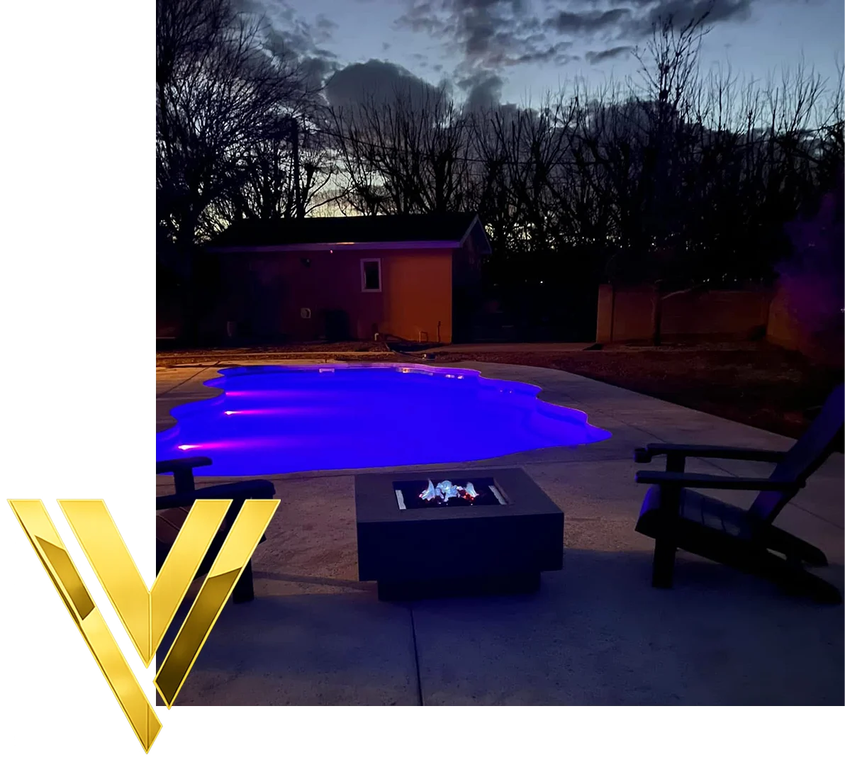Nighttime pool with blue LED lights.